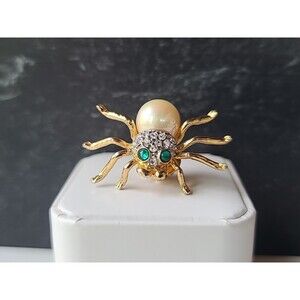Faux Pearl Rhinestone Gold Tone Metal Spider Shaped Pin Vintage Costume Jewelry